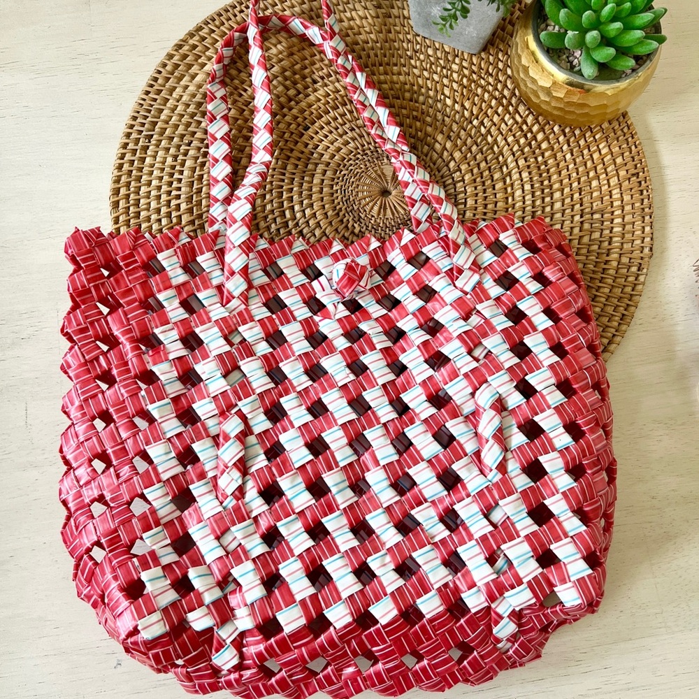 Red & White Woven Recyclyed Plastic High Capacity Handbag